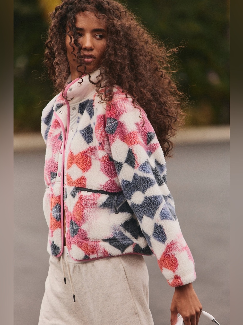 NWT FREE PEOPLE Hit the slopes Printed Funnel Neck Fleece Jacket Sherpa